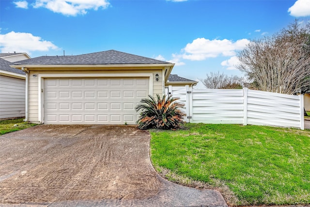 11910 Prior Park Dr, Houston, TX 77047 - exterior space featuring fence, a garage, concrete driveway, a shingled roof, and a yard