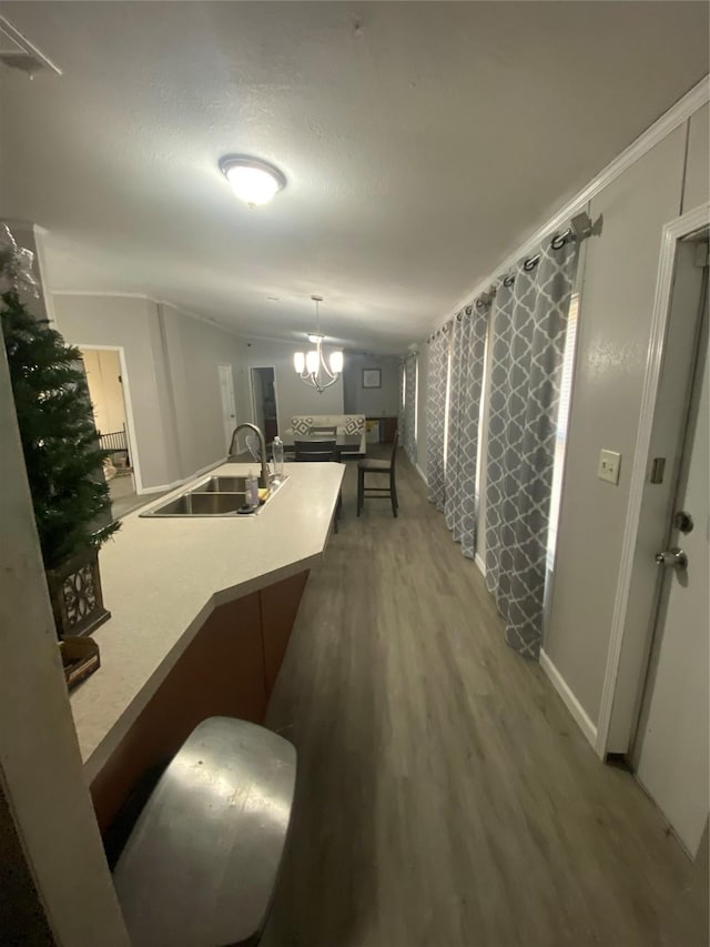 kitchen with hardwood / wood-style flooring, sink, and a notable chandelier