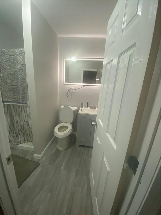 bathroom featuring vanity, wood-type flooring, and toilet