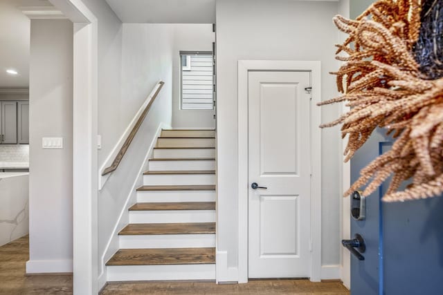 staircase featuring hardwood / wood-style floors