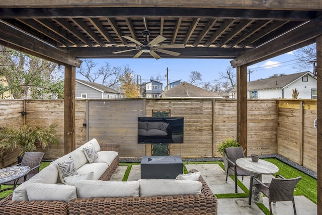 view of patio with an outdoor living space, a pergola, and ceiling fan