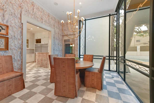 dining room with tile patterned floors, a notable chandelier, wallpapered walls, and crown molding