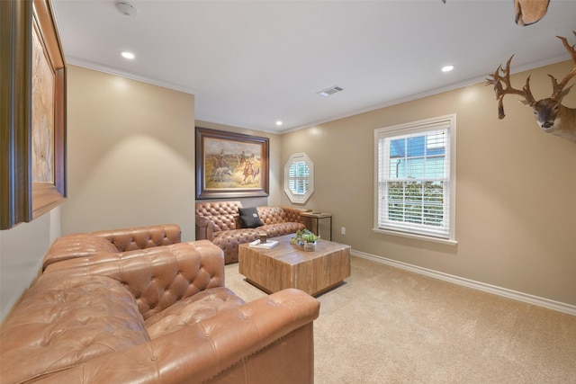 living room with crown molding and light colored carpet