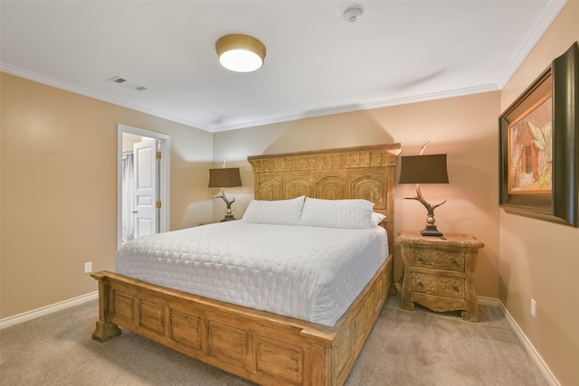 bedroom with visible vents, baseboards, light colored carpet, and ornamental molding