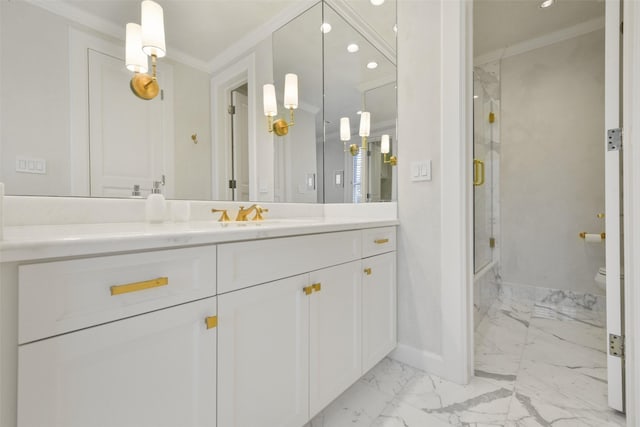 bathroom with crown molding, vanity, and a shower with door