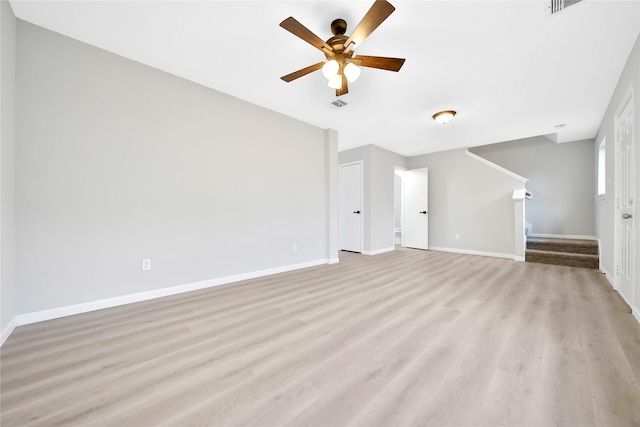 unfurnished living room featuring ceiling fan and light hardwood / wood-style floors