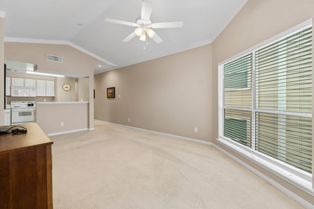 living room with ceiling fan, ornamental molding, vaulted ceiling, and light carpet