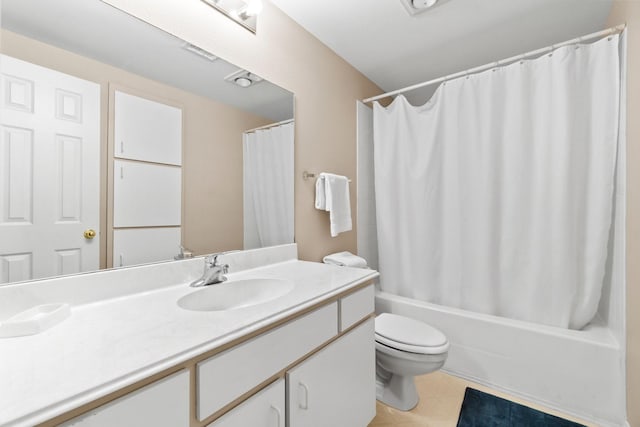 full bathroom featuring vanity, toilet, and shower / bathtub combination with curtain