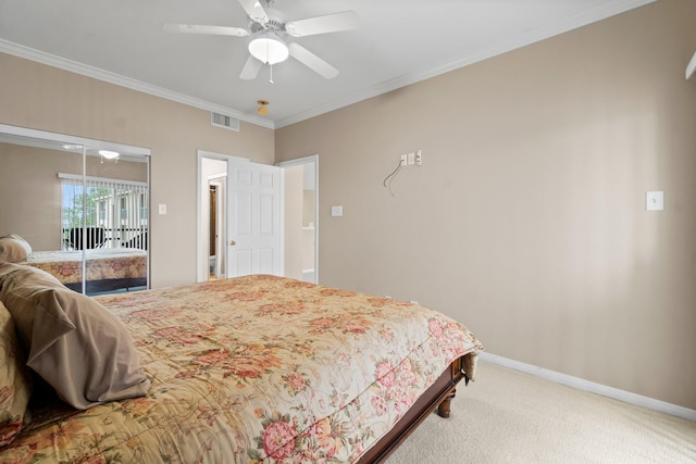 bedroom with carpet floors, ornamental molding, ceiling fan, and access to outside