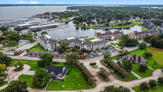 drone / aerial view featuring a water view