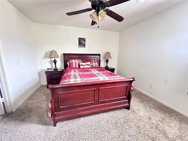 bedroom with light carpet and ceiling fan