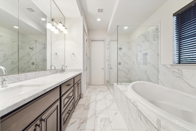 bathroom featuring plus walk in shower and vanity