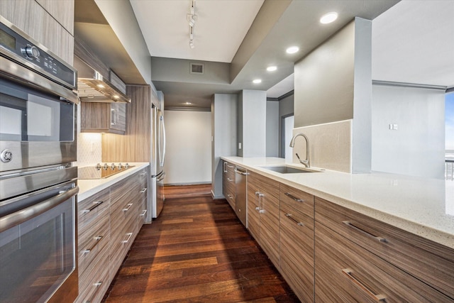 kitchen with sink, stainless steel appliances, light stone counters, dark hardwood / wood-style flooring, and decorative backsplash