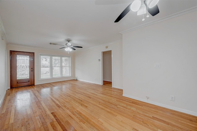 unfurnished living room featuring crown molding, ceiling fan, and light hardwood / wood-style floors