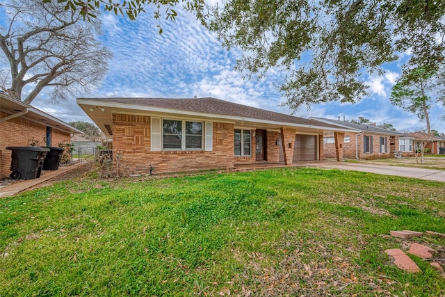 ranch-style home with a garage and a front lawn