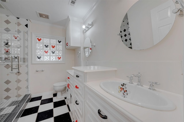 bathroom with ornamental molding, vanity, an enclosed shower, and toilet