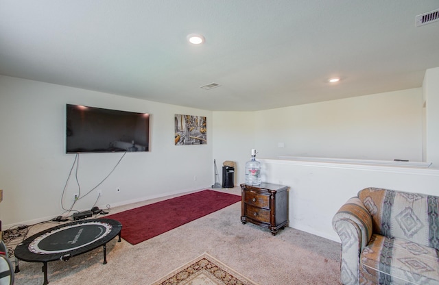 living area featuring light colored carpet