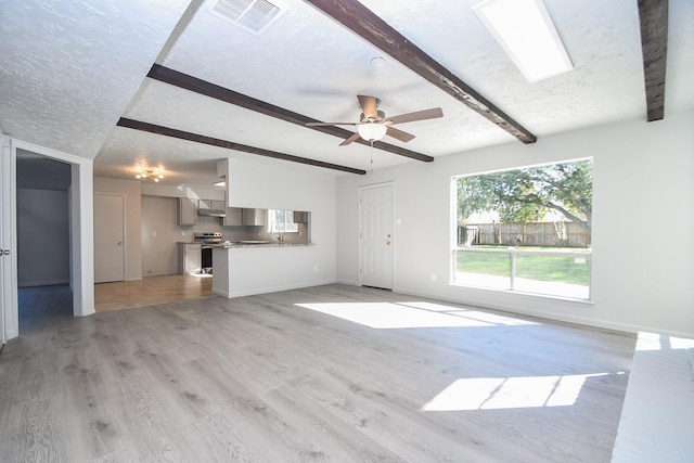 unfurnished living room featuring ceiling fan, a textured ceiling, beam ceiling, and light hardwood / wood-style flooring