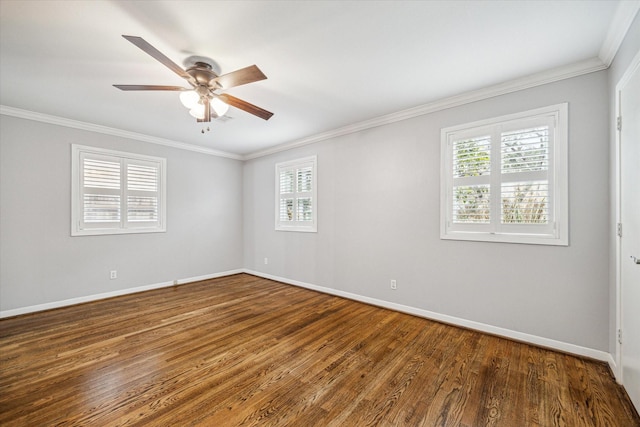 unfurnished room with hardwood / wood-style flooring, ornamental molding, and ceiling fan