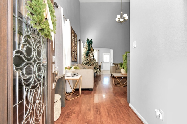 foyer entrance with hardwood / wood-style floors, a high ceiling, and a notable chandelier