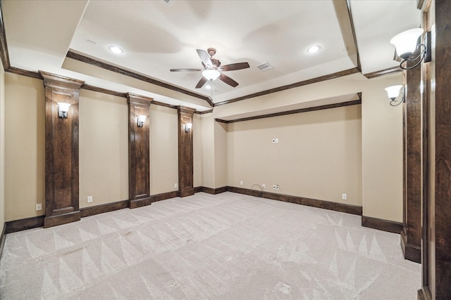 interior space featuring light carpet, crown molding, and ceiling fan