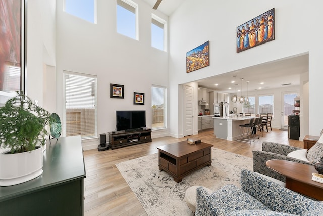 living room featuring sink, a wealth of natural light, and light hardwood / wood-style floors