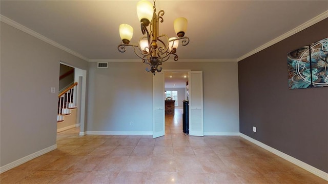 unfurnished room featuring ornamental molding, light tile patterned floors, and a chandelier