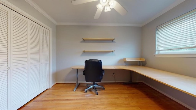 home office with crown molding, light hardwood / wood-style floors, and ceiling fan