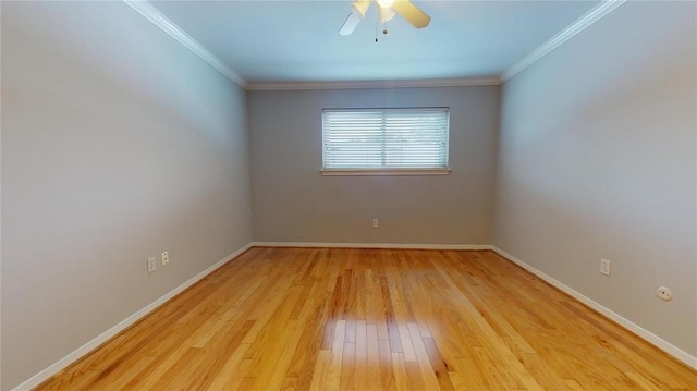 empty room with ceiling fan, ornamental molding, and light wood-type flooring