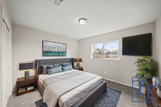 carpeted bedroom featuring a closet and a textured ceiling