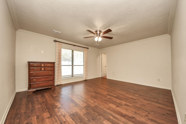 unfurnished room featuring crown molding, a textured ceiling, dark hardwood / wood-style floors, and ceiling fan