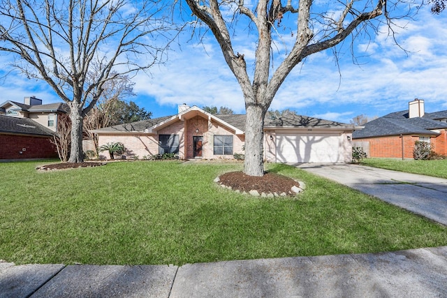 ranch-style house with a garage and a front lawn