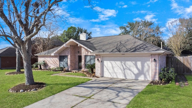 single story home featuring a garage and a front yard