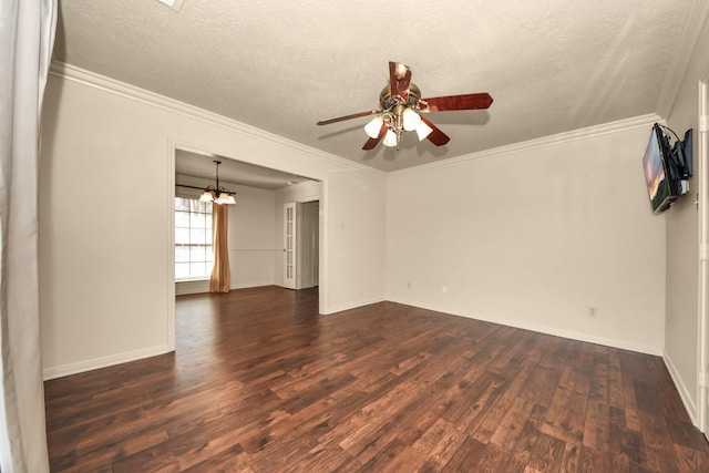 spare room featuring ornamental molding, dark hardwood / wood-style floors, ceiling fan with notable chandelier, and a textured ceiling