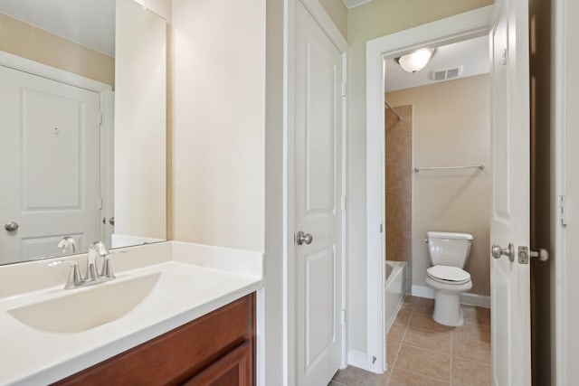 full bathroom with shower / bath combination, visible vents, toilet, tile patterned flooring, and vanity