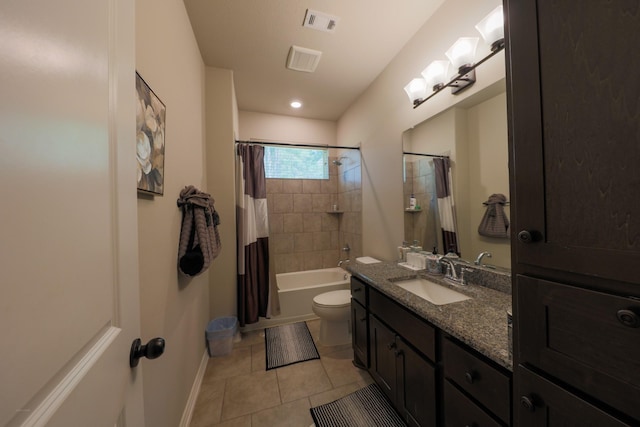 full bathroom with vanity, toilet, tile patterned flooring, and shower / bath combo with shower curtain