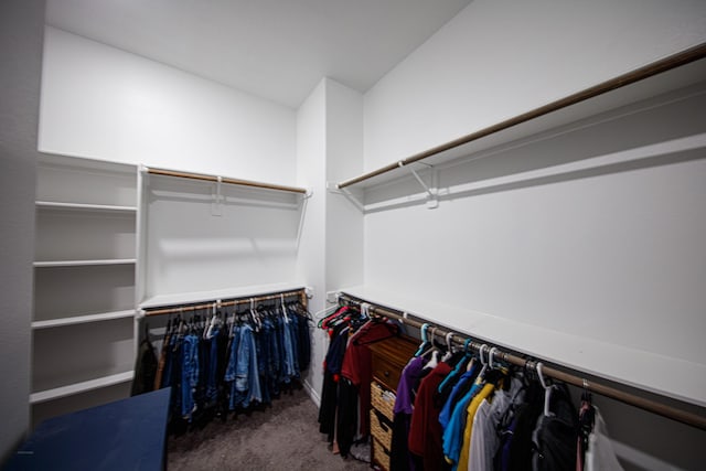 spacious closet featuring dark carpet