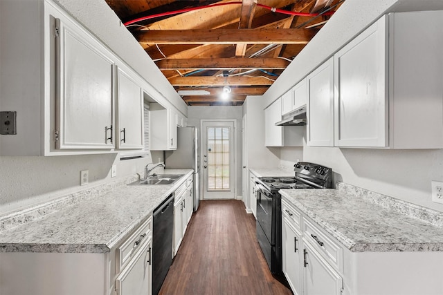 kitchen featuring sink, wood ceiling, dark hardwood / wood-style floors, black appliances, and white cabinets