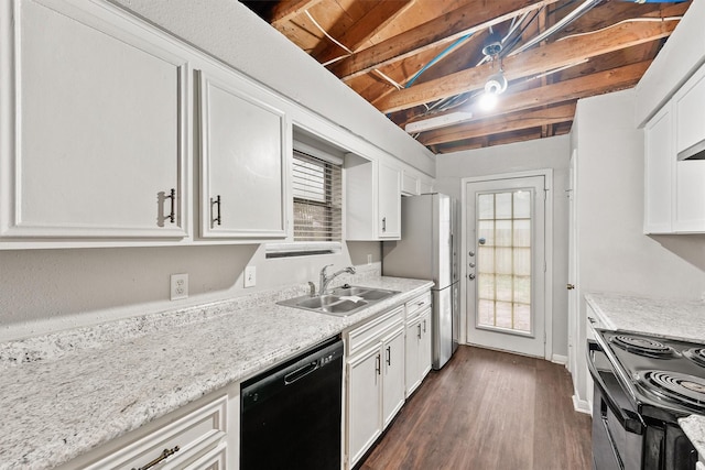 kitchen with sink, white cabinetry, light stone counters, dark hardwood / wood-style floors, and black appliances