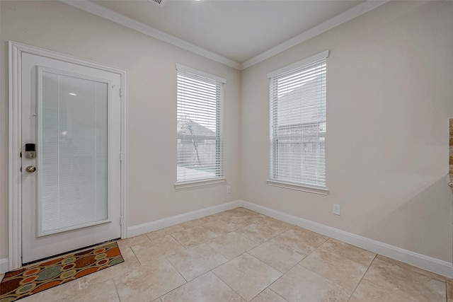 doorway featuring ornamental molding and light tile patterned floors