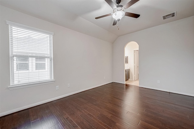 spare room featuring hardwood / wood-style flooring, ceiling fan, and lofted ceiling