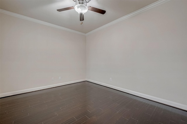 unfurnished room featuring hardwood / wood-style flooring, ornamental molding, and ceiling fan