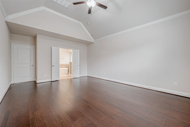 interior space with crown molding, dark wood-type flooring, high vaulted ceiling, and ceiling fan