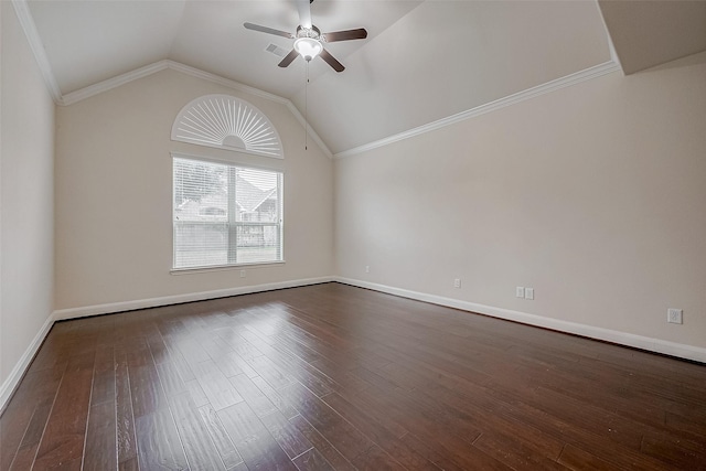 interior space with dark wood-type flooring, ceiling fan, lofted ceiling, and crown molding