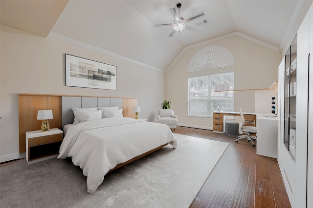 bedroom featuring vaulted ceiling, ornamental molding, dark hardwood / wood-style floors, and ceiling fan