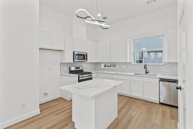 kitchen featuring sink, a center island, hanging light fixtures, appliances with stainless steel finishes, and white cabinets