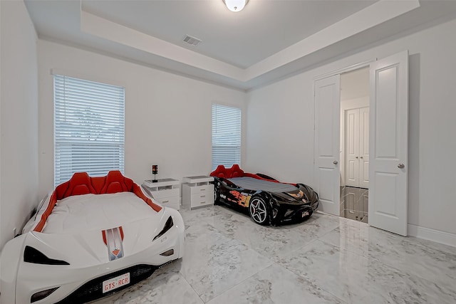 bedroom featuring multiple windows and a tray ceiling