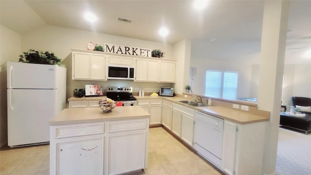 kitchen with white cabinetry, sink, white appliances, and kitchen peninsula