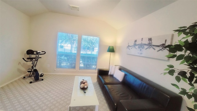 interior space with vaulted ceiling and carpet