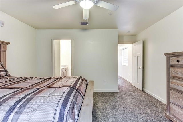 bedroom featuring carpet flooring, ceiling fan, and ensuite bath